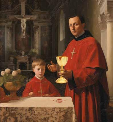 A priest and a boy in red robes holding a chalice at an altar.