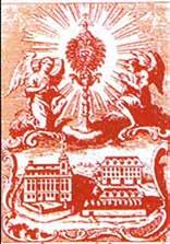 An artistic depiction of angels and a church, surrounded by ornate designs.
