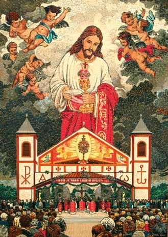A depiction of Jesus holding the Eucharist above a crowd in front of a church.