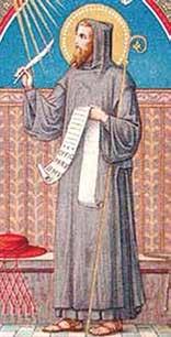 A religious figure holding a scroll and a knife, dressed in a gray robe.