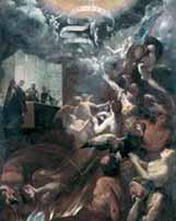 A dramatic depiction of a religious scene with figures in turmoil and divine elements above.