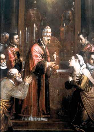 A depiction of St. Gregory distributing Communion during a miraculous Mass.
