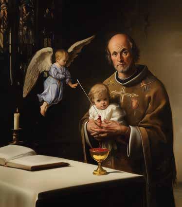 A monk holds the Infant Jesus with an angel beside him, at an altar with a chalice.