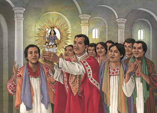 A priest holds the Eucharist while a group of people, dressed in traditional attire, look on in reverence.