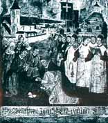 A historical painting depicting the Eucharistic miracle event in Ettiswil with people gathered around.