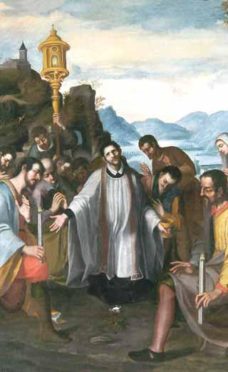 A painting depicting a group of people gathered around a priest during the Eucharistic miracle.