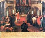 A religious scene showing a priest at the altar with worshippers present during a Eucharistic miracle.