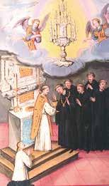 A priest performs a miracle with angels above and monks witnessing the event.