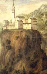 A painting of the ancient monastery of St. Georgenberg situated on a rocky cliff.