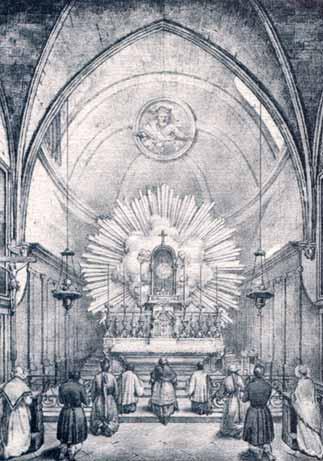 Interior of the chapel during the 1433 Avignon flood, with worshippers gathered before the radiant Blessed Sacrament.