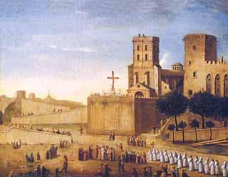 A historical view of the Palace of the Popes with people gathered outside.
