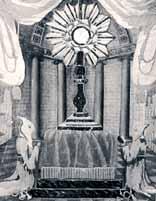 A fresco depicting a monstrance with figures in prayer, set in an ornate chapel.