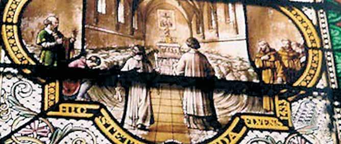A stained-glass window showing a religious scene with figures and a central altar.