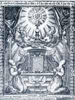 An illustration showing two figures praying before a monstrance with angels above.