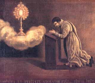 Gabriel de Validat Lantou, first leader of the Gray Penitents, prays before a monstrance during the 1433 Avignon miracle.