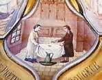 Two figures handling a cloth, possibly related to a Eucharistic miracle.