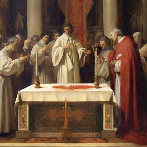 A priest and altar servers at a table with a blood-stained cloth during a religious ceremony.