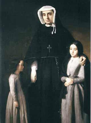 A portrait of Mother Riza Bonnat with two young girls beside her.