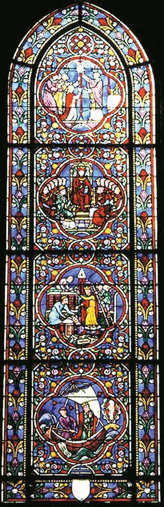 A stained glass window depicting scenes related to the Eucharistic miracle in Dijon.