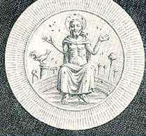 Image of the Lord seated on a semicircular throne with instruments of the Passion.
