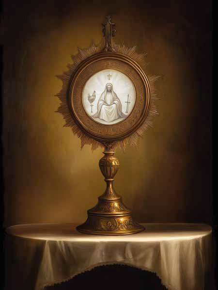 A golden monstrance displaying the Sacred Host with religious symbols.