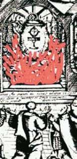 An old print depicting a miraculous event with flames and worshippers.