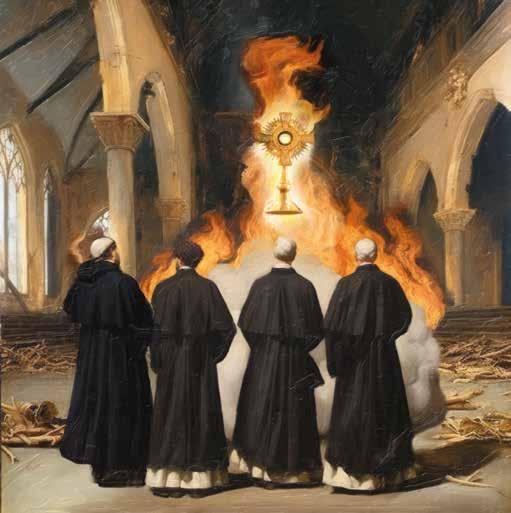 Four monks stand before a burning altar with a monstrance in the center.