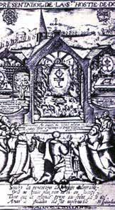 An illustration depicting a religious scene with monks and a monstrance amidst flames.