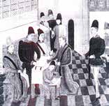 A historical scene with people in period clothing, gathered indoors on a checkered floor.