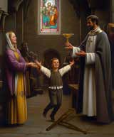 A boy joyfully reaching out to a priest holding a chalice, with a woman standing nearby in a church.