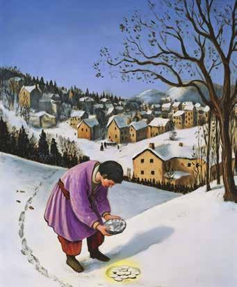 A person in a purple robe finding consecrated Hosts in a snowy village landscape.