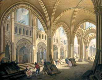 Demolition of the Church of Saint-Jean-en-Grève, linked to the 1290 Eucharistic miracle in Paris, depicted by Pierre-Antoine Demachy (1797).