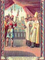 A historical scene depicting figures in religious attire and soldiers, likely related to a miracle.