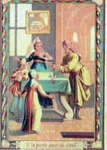 A scene depicting a man presenting something to a group of women at a table.