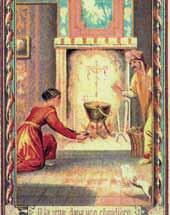A scene depicting a woman and a man near a cauldron, illustrating a historical event.