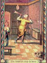 A man striking a door with a stick, while a woman and a dog observe.