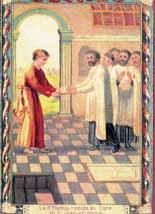 A scene depicting a figure in a red robe greeting several men in white garments.