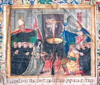 A historical scene depicting a crucifix and figures around a boiling cauldron.