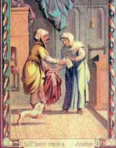 A man and woman interacting in a historical setting, with a dog at their feet.