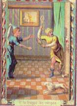 A scene depicting a confrontation between two figures, one appearing to strike the other.