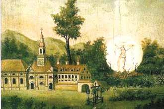 A historical painting depicting a church and a figure of Jesus in a luminous aura.