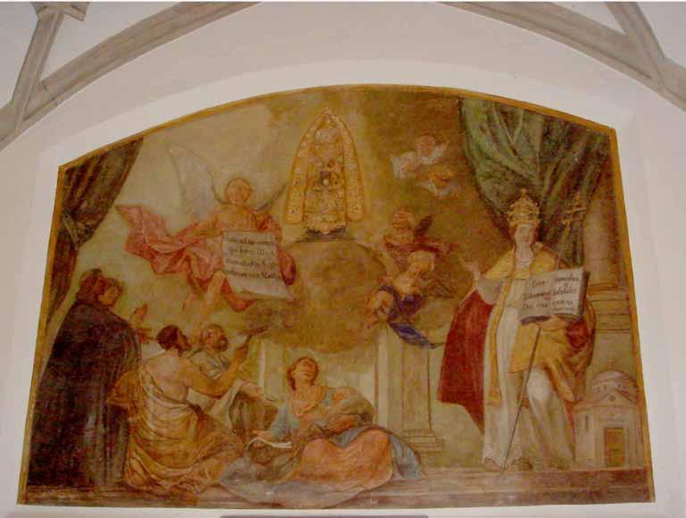 A fresco depicting angels and figures, with one holding a scroll and another a scepter.