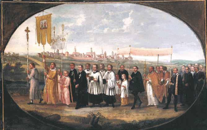 A procession featuring clergy and townspeople carrying religious banners and a large host.