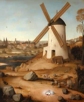 A windmill in a rural landscape with rocks and a small body of water nearby.