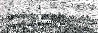 An illustration of a church surrounded by trees and hills, depicting the Eucharistic miracle site.