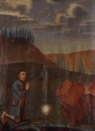 A painting depicting a kneeling boy praying in a landscape with cows and a glowing light.