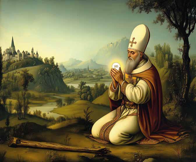 A priest kneeling in prayer, holding a sacred Host, with a serene landscape in the background.