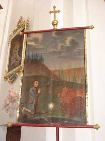 A painting depicting a boy praying near a glowing light with cows nearby.