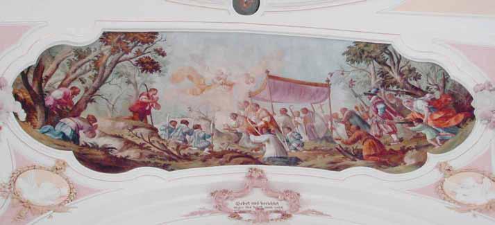 A fresco depicting a biblical scene with figures, trees, and a tent.