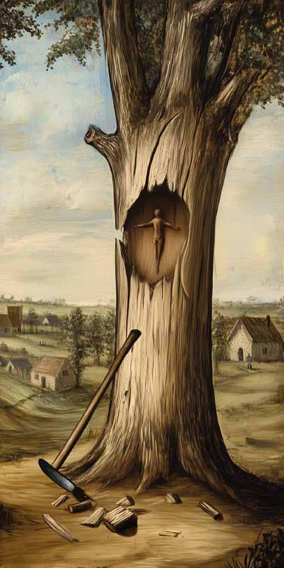 An artistic depiction of a tree with a crucifix carved into it, surrounded by a rural landscape.